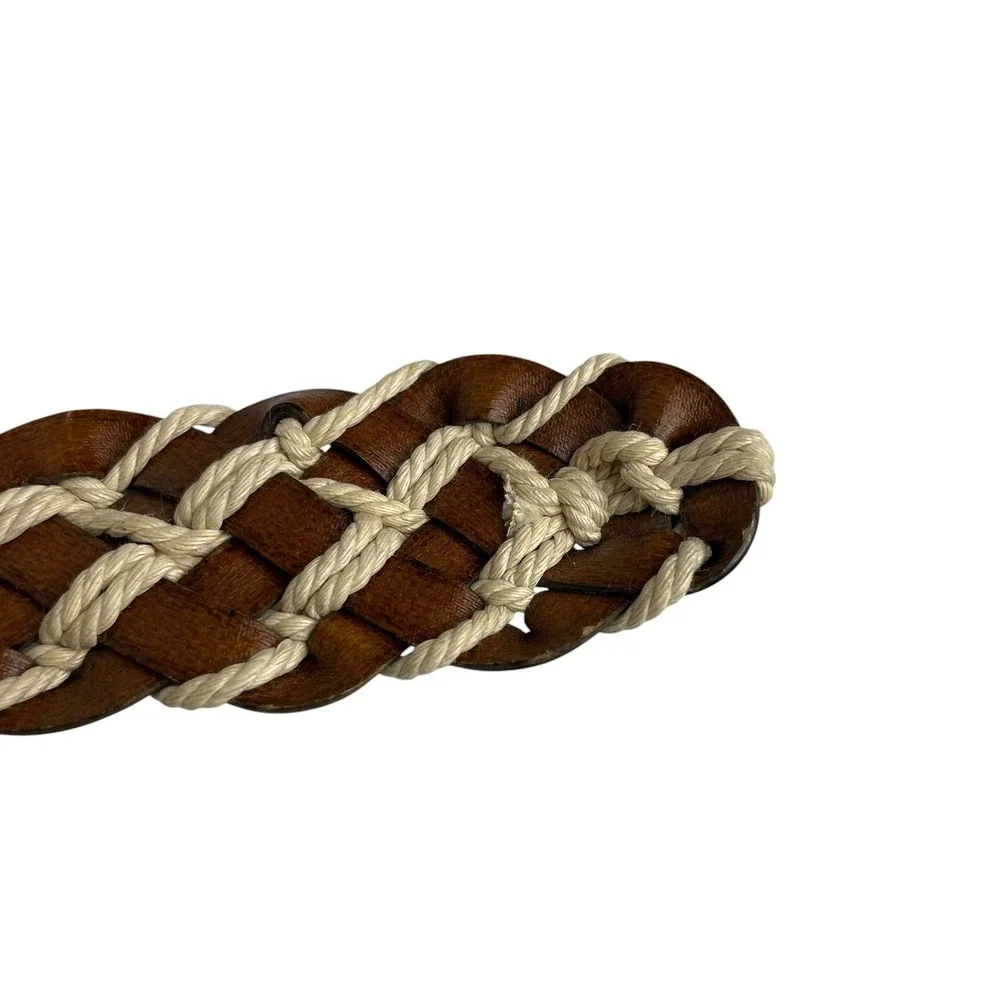 Womens Brown Braided Bonded Leather Cotton Cord Belt Bamboo Buckle Size XL